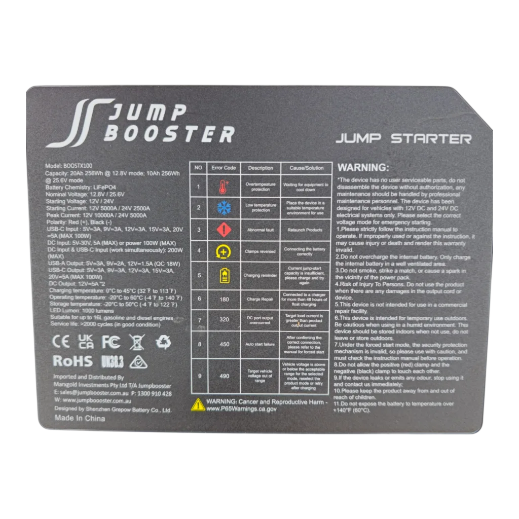BoostX100 error code table on the back of the Jumpbooster